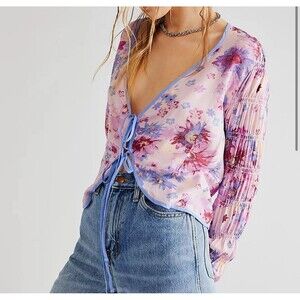 Free People S Venice Pink Floral Printed Top Tie Front Long Sleeves